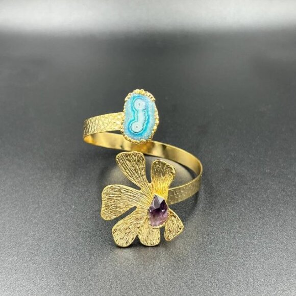 Gemstone Quartz Gold Plated Adjustable Flower Bracelet &Ring Set - Picture 1 of 2